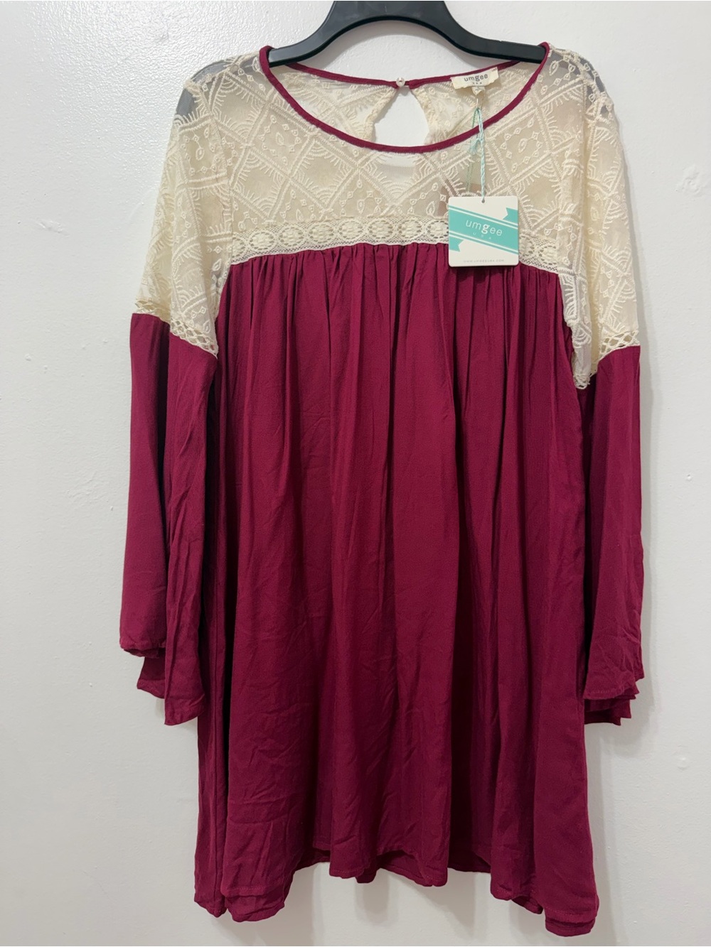 NWT UMGEE Cream Lace & Burgundy Babydoll Tunic Short Dress